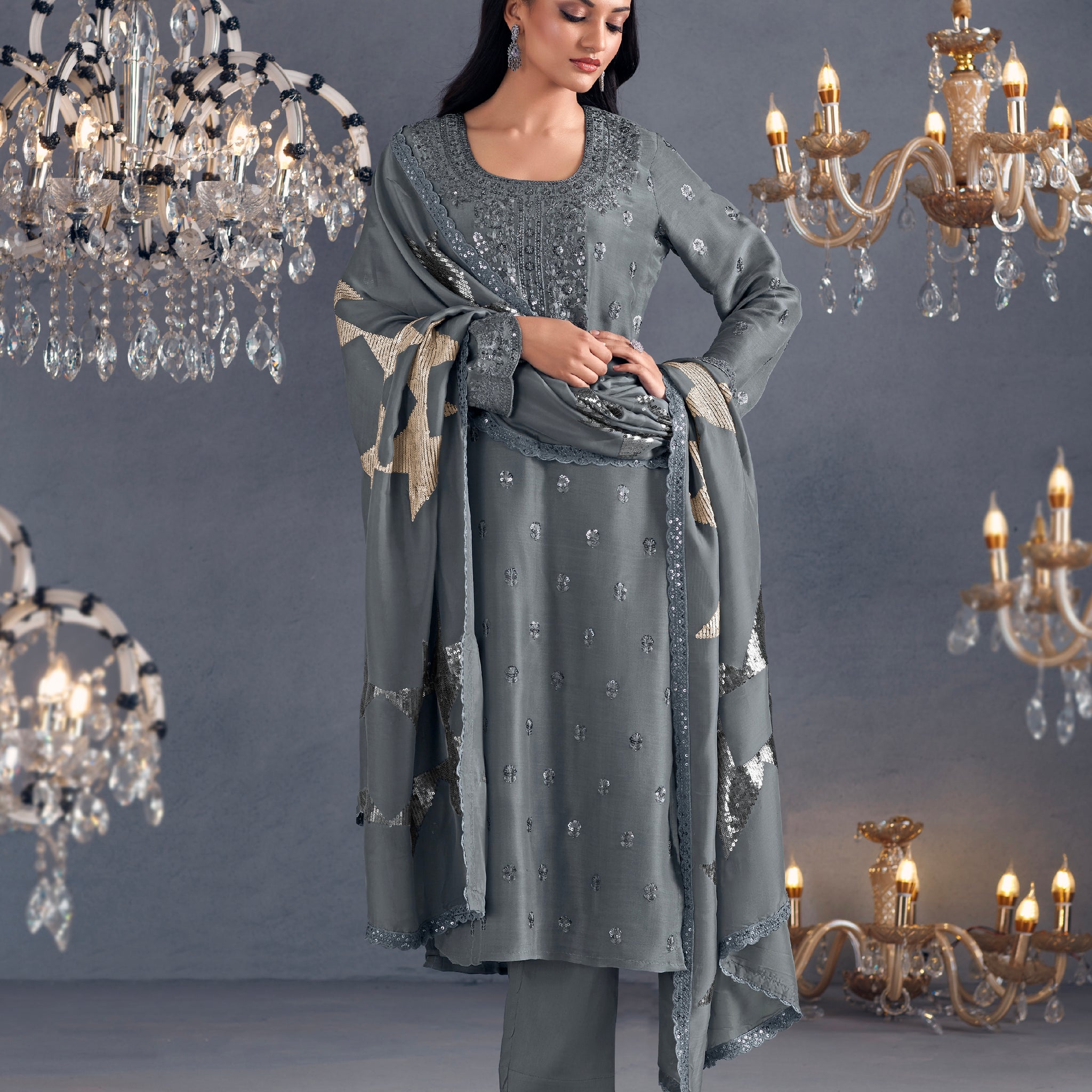 Grey Straight-Cut Suit with Organza Dupatta