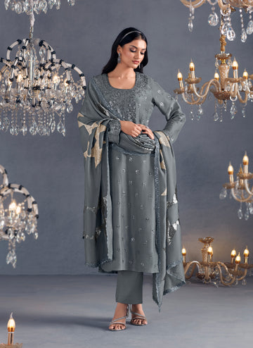 Grey Straight-Cut Suit with Organza Dupatta