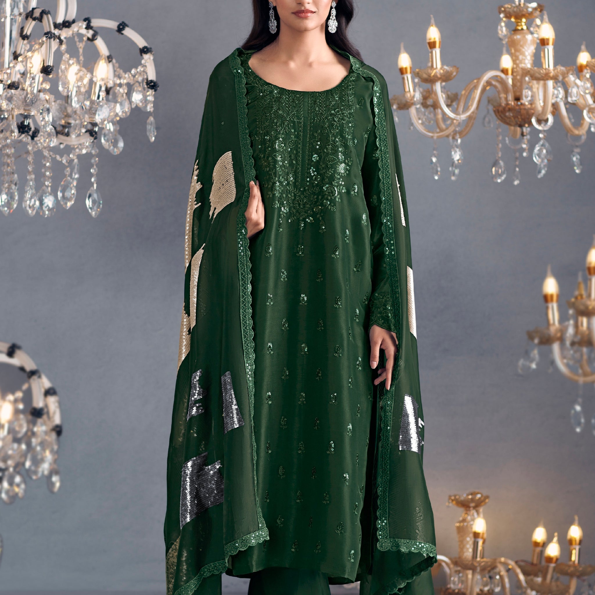 Forest Green Straight Suit with Embroidered Organza Dupatta