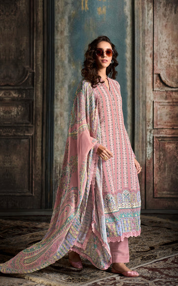 Pastel Pink Straight Cut Suit & Digital Print & Scalloped Embroidery