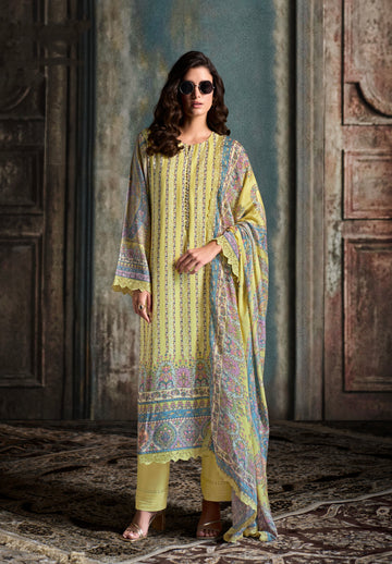 Lemon Yellow Straight Cut Suit & Digital Print & Scalloped Embroidery