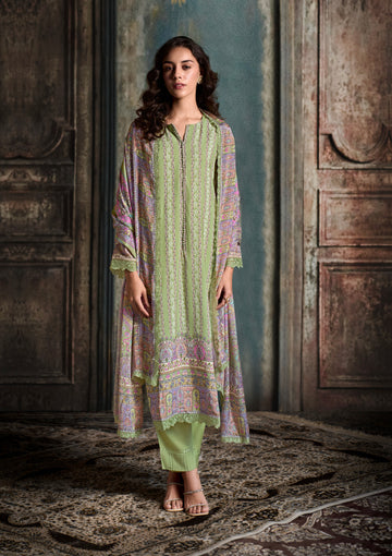 Pastel Green Straight Cut Suit & Digital Print & Scalloped Embroidery