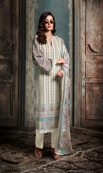 Ivory White Straight Cut Suit & Digital Print & Scalloped Embroidery