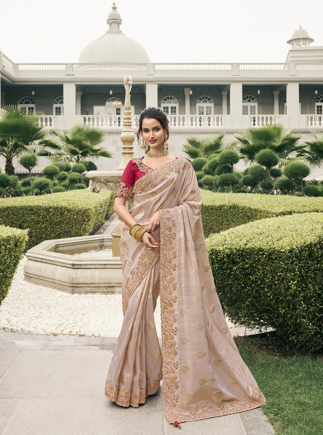 Rose Gold Tissue Silk Saree with Real Mirror Border