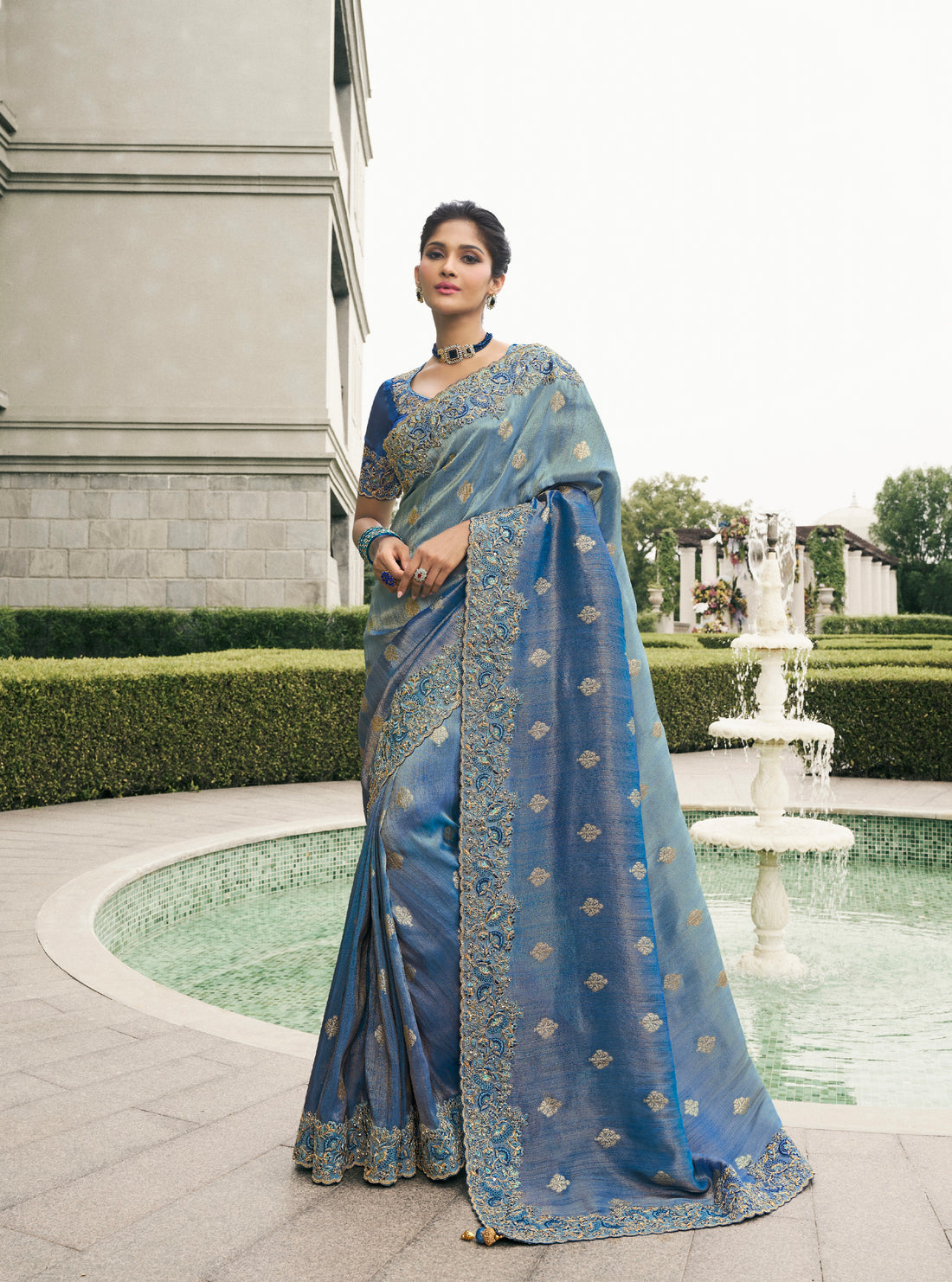 Navy Blue Pure Tissue Silk Saree with Zari Weaving & Mirror Border