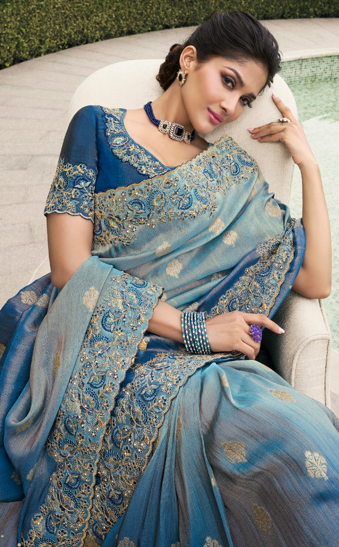 Navy Blue Pure Tissue Silk Saree with Zari Weaving & Mirror Border