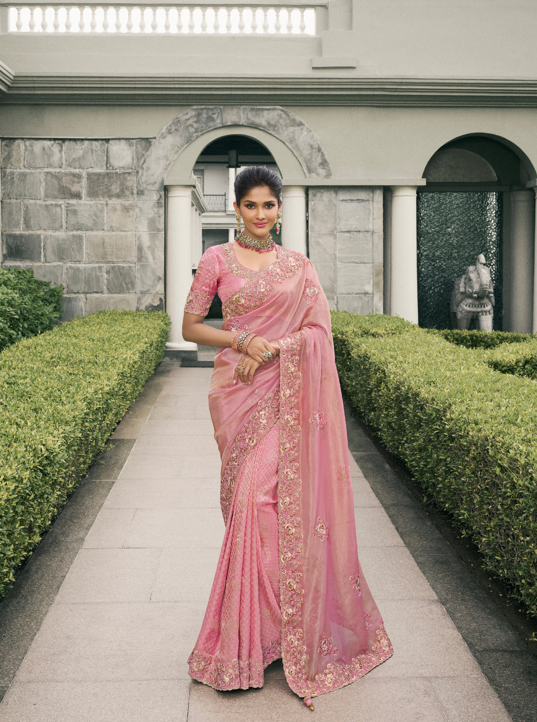 Pink Pure Tissue Silk Saree with Embroidered Mirror Work Border