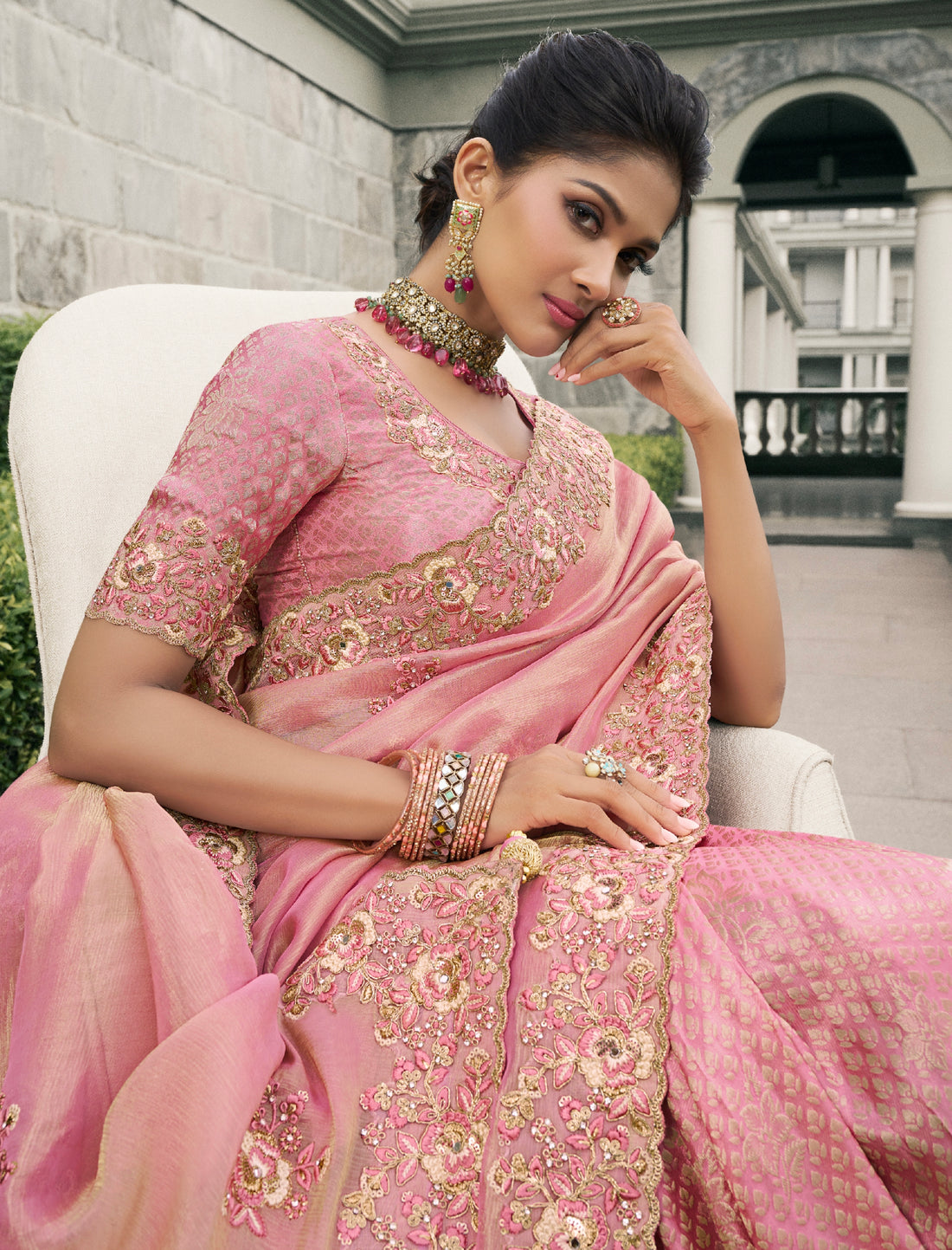 Pink Pure Tissue Silk Saree with Embroidered Mirror Work Border