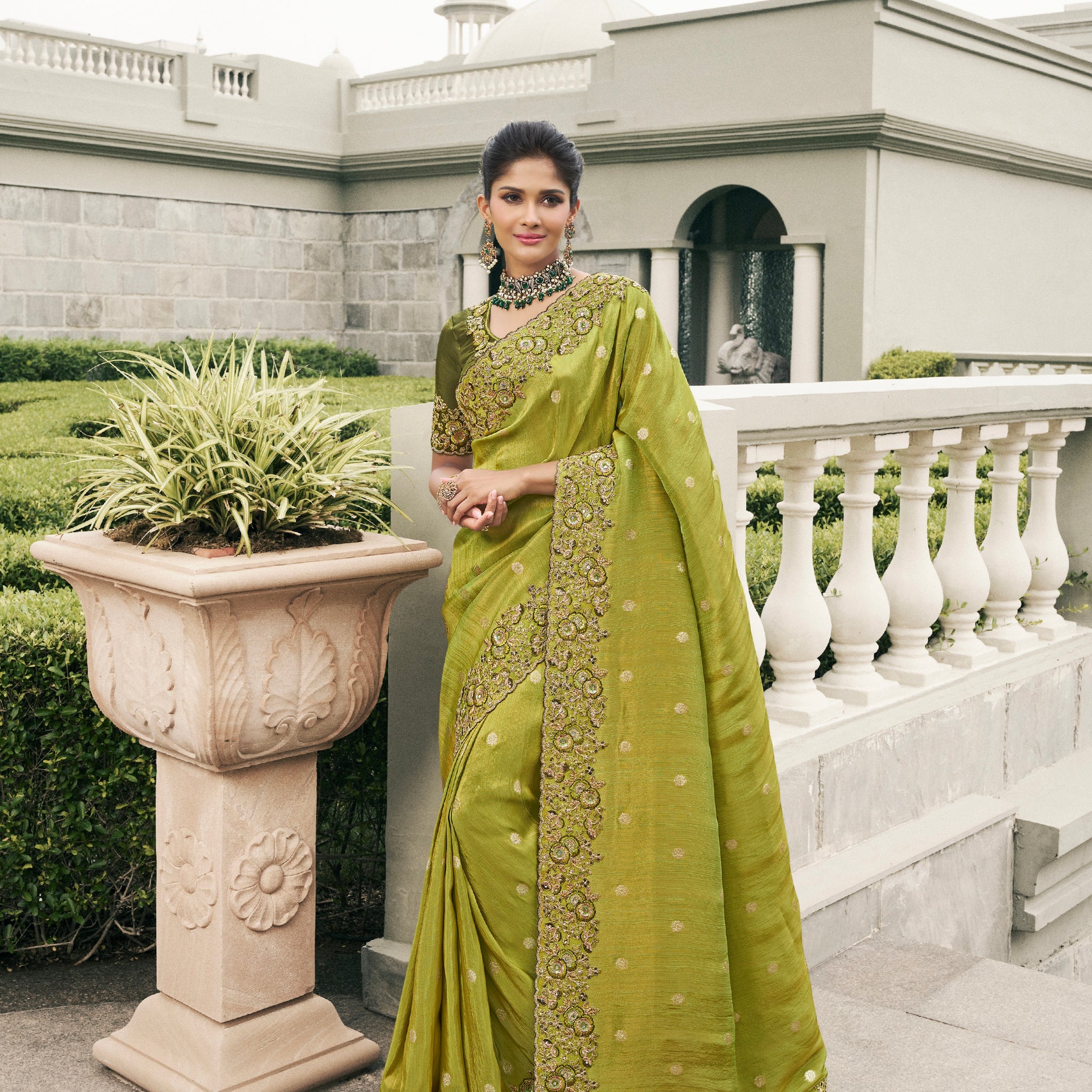 Pistachio Green Pure Tissue Silk Saree with Pearl & Mirror Embroidery