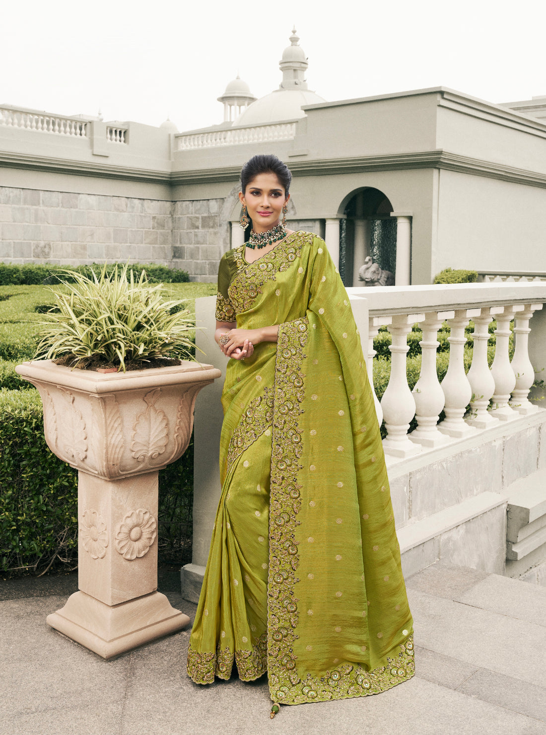 Pistachio Green Pure Tissue Silk Saree with Pearl & Mirror Embroidery