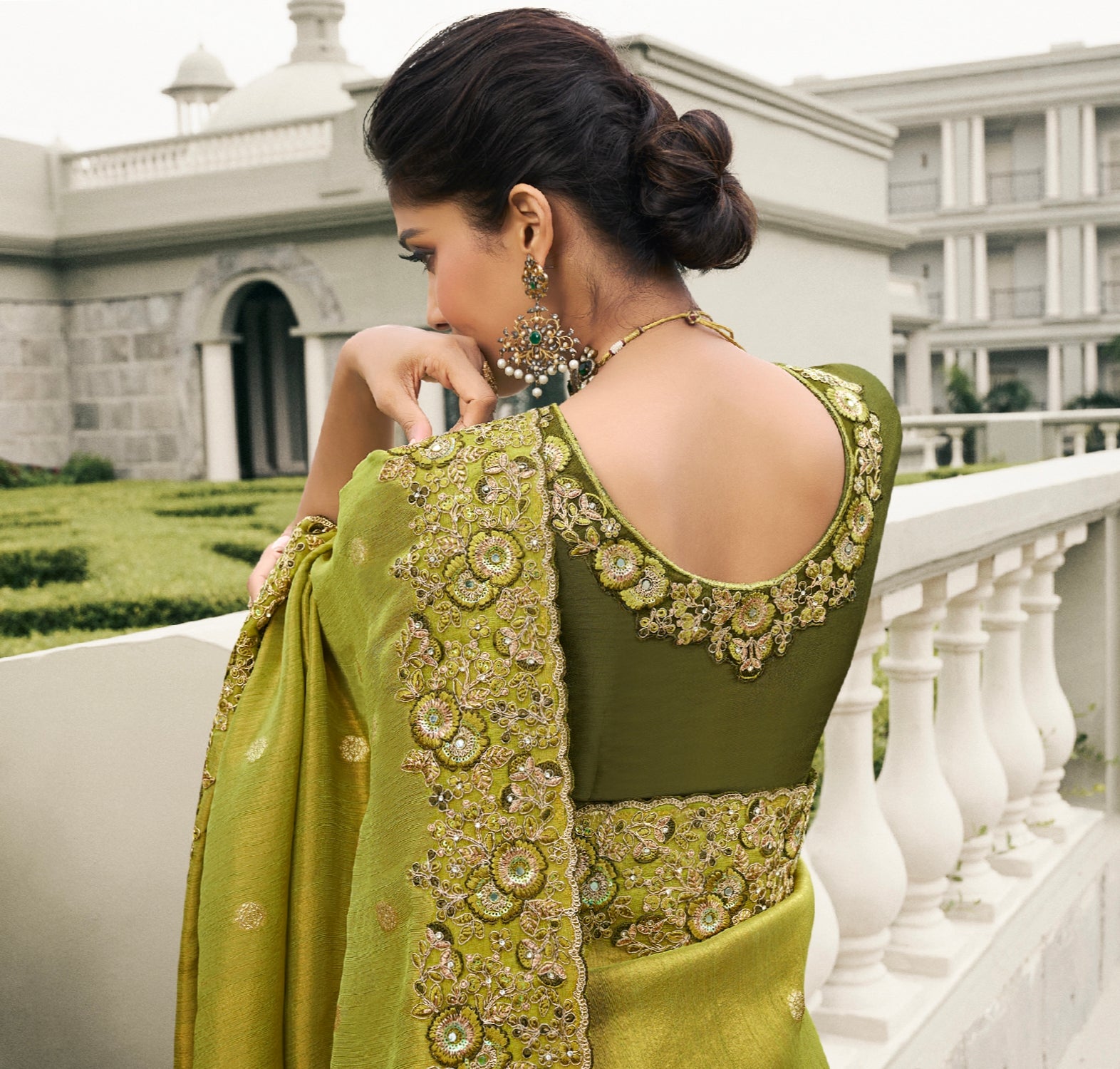 Pistachio Green Pure Tissue Silk Saree with Pearl & Mirror Embroidery