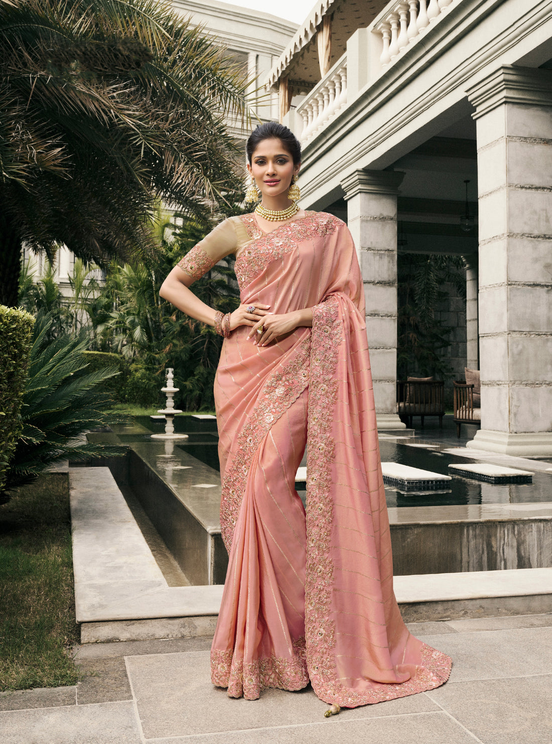 Peach Pink Pure Tissue Silk Saree with Embroidered Zari Border