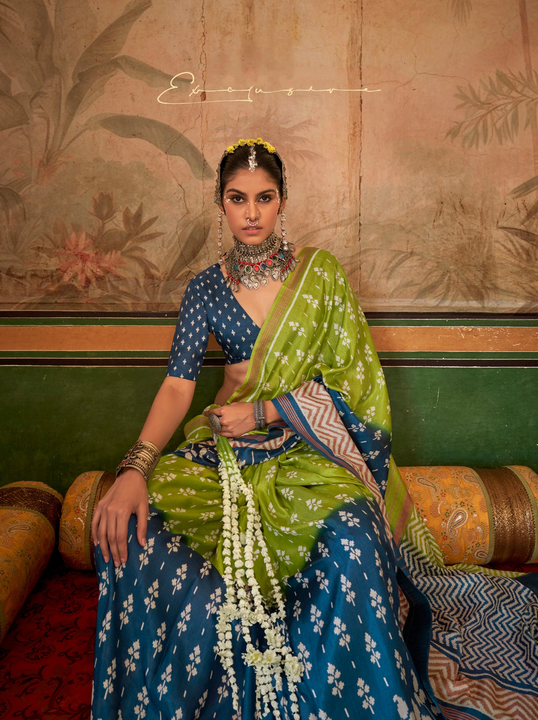 Blue & Green Mercerized Sigma Silk Saree with Aqua Finish