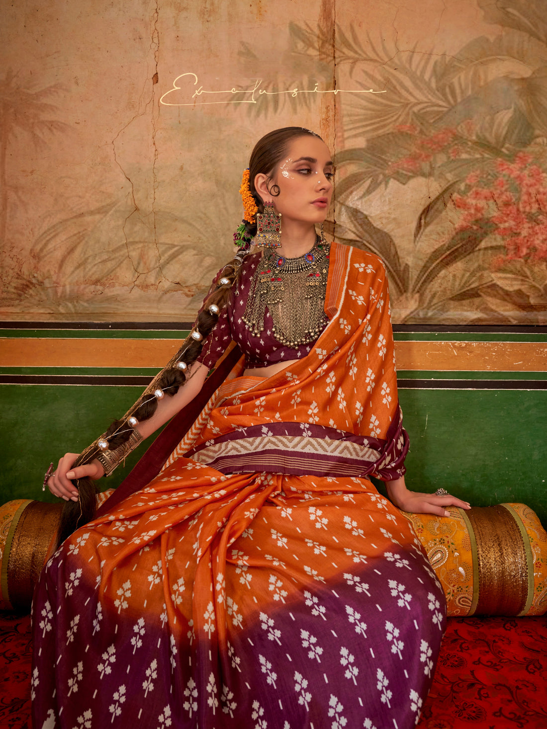 Orange & Plum Mercerized Sigma Silk Saree with Aqua Finish