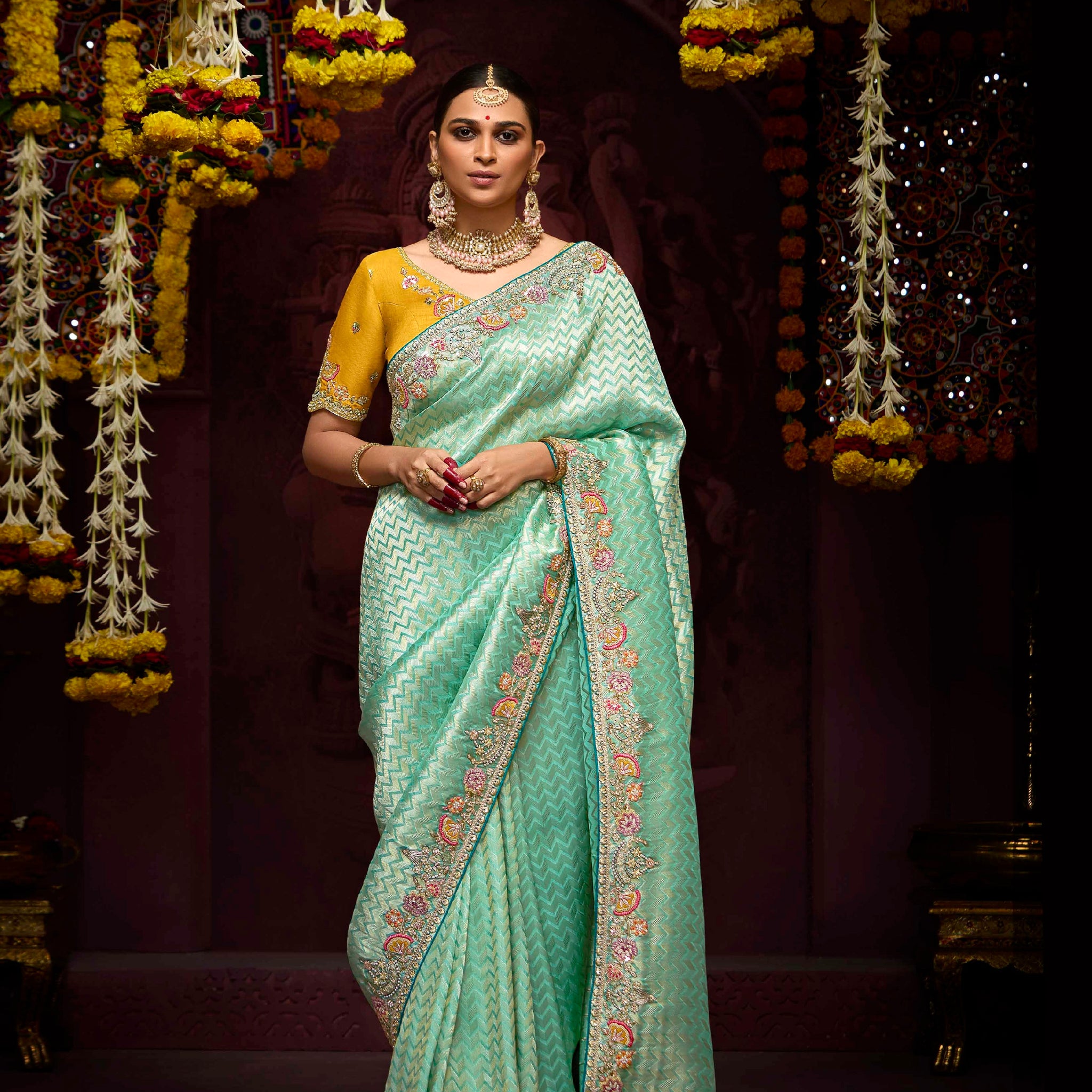 Mint Green Banarasi Kanjivaram Saree & Heavy Embroidery & Pearl Work