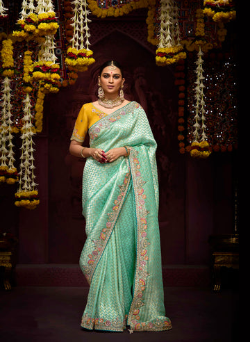 Mint Green Banarasi Kanjivaram Saree & Heavy Embroidery & Pearl Work