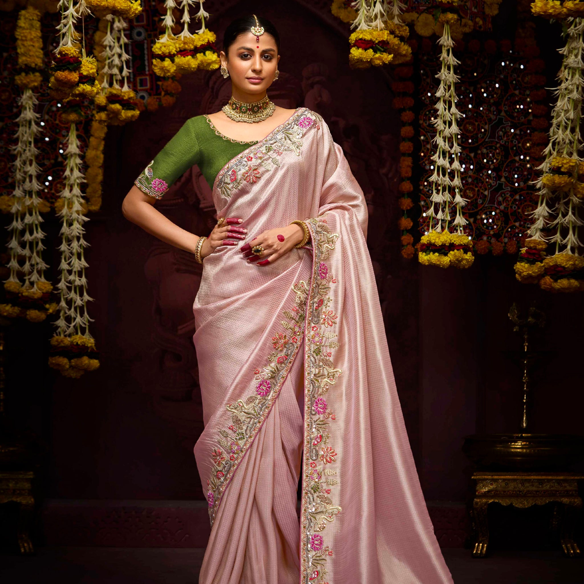 Blush Pink Banarasi Kanjivaram Saree with Zari Weaving & Stone Work