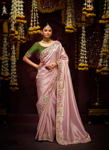 Blush Pink Banarasi Kanjivaram Saree with Zari Weaving & Stone Work