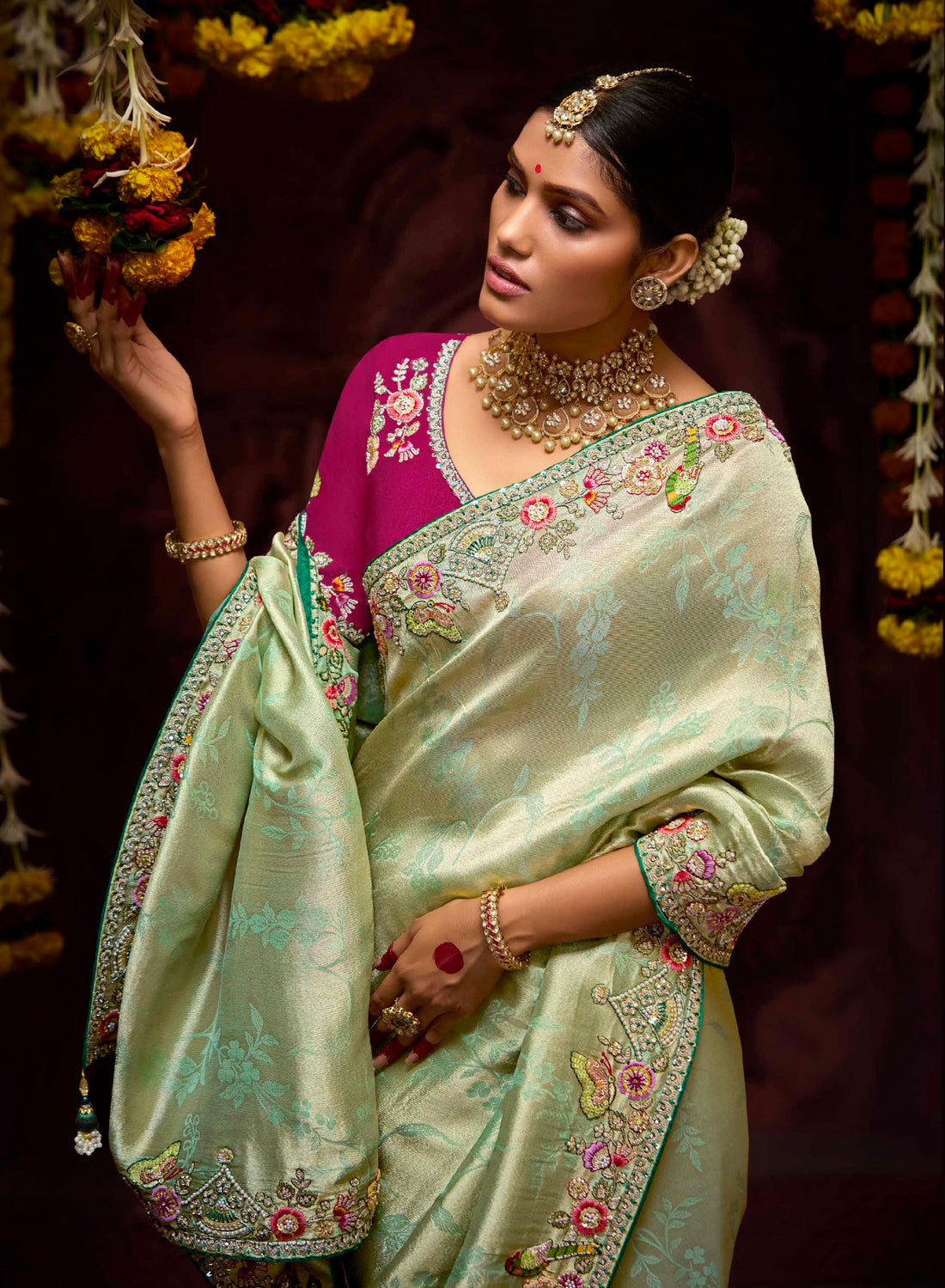 Pastel Green Banarasi Kanjivaram Silk Saree with Sequins & Zari Border