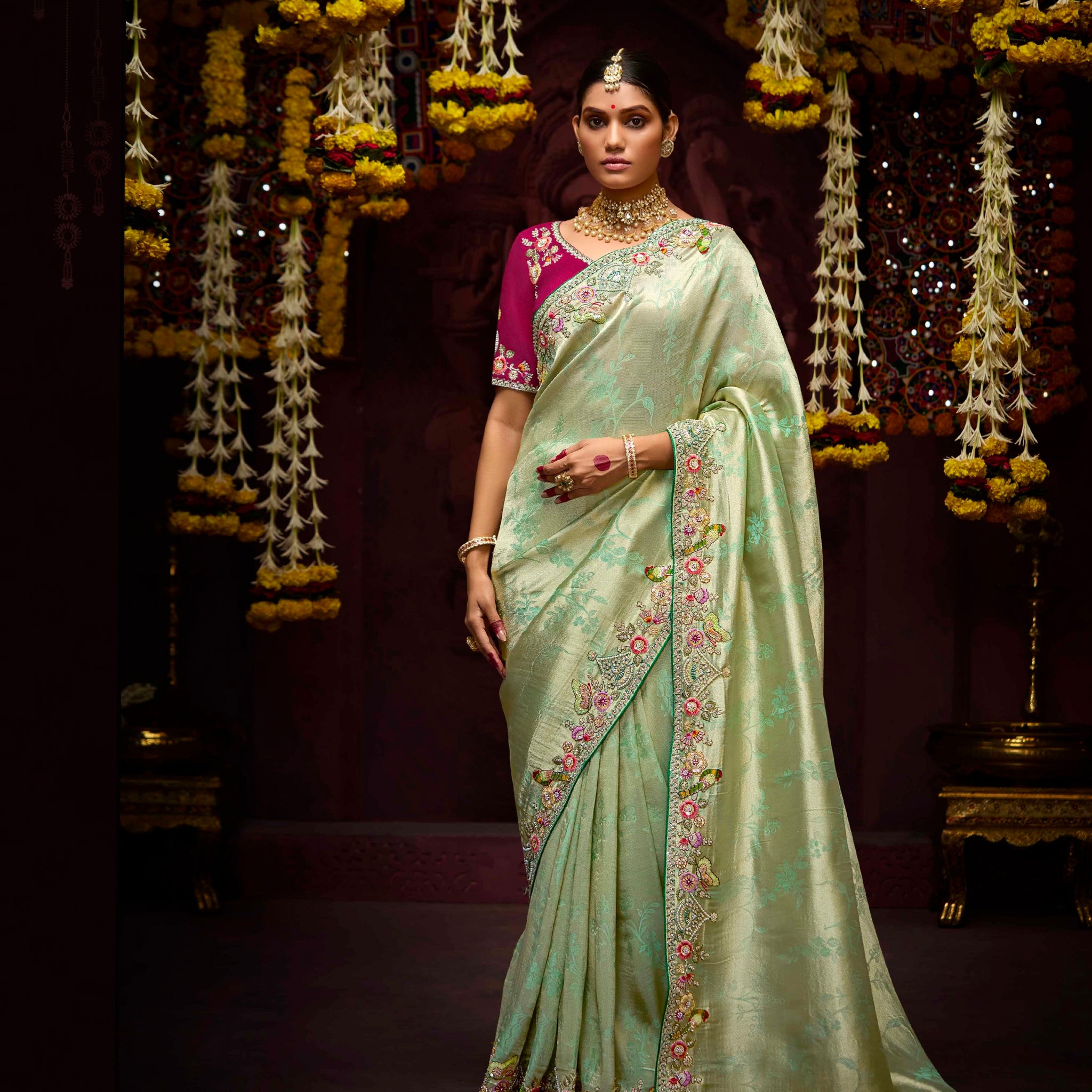 Pastel Green Banarasi Kanjivaram Silk Saree with Sequins & Zari Border