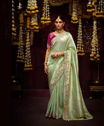 Pastel Green Banarasi Kanjivaram Silk Saree with Sequins & Zari Border