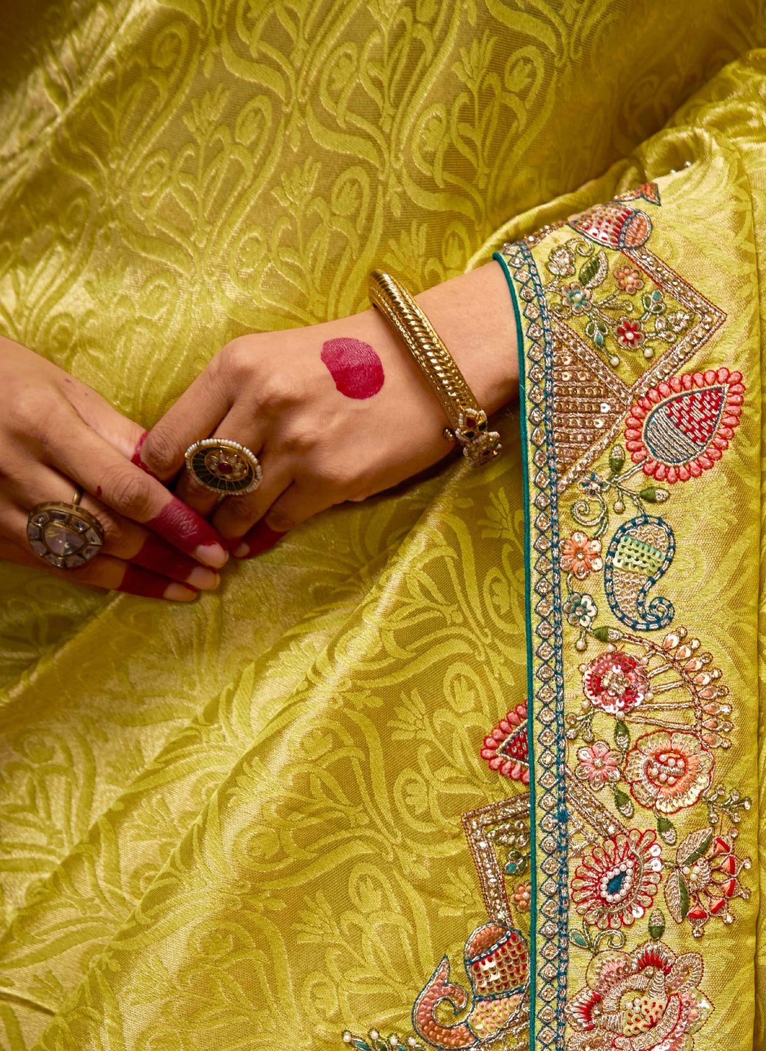 Lime Yellow Banarasi Kanjivaram Saree with Pearl & Sequin Detailing