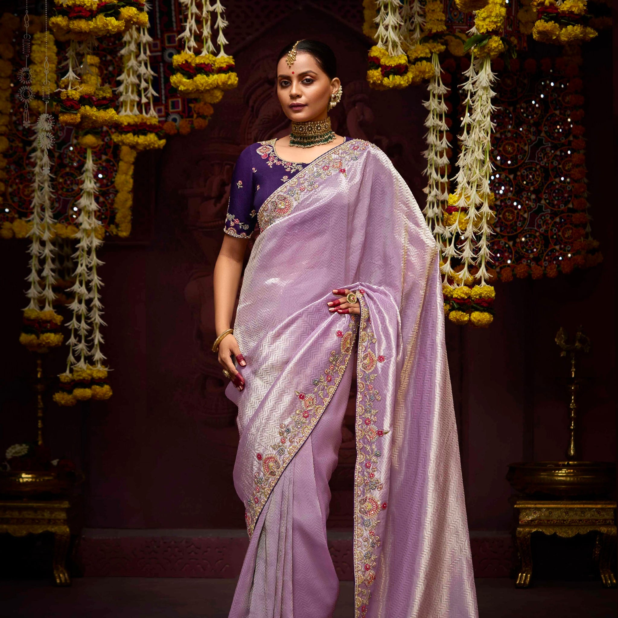 Lilac Banarasi Kanjivaram Silk Saree with Zari & Sequin Embellishments