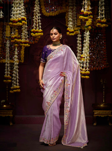 Lilac Banarasi Kanjivaram Silk Saree with Zari & Sequin Embellishments