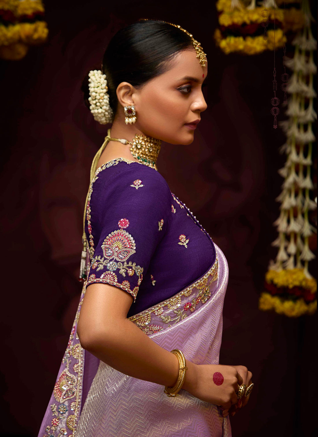 Lilac Banarasi Kanjivaram Silk Saree with Zari & Sequin Embellishments