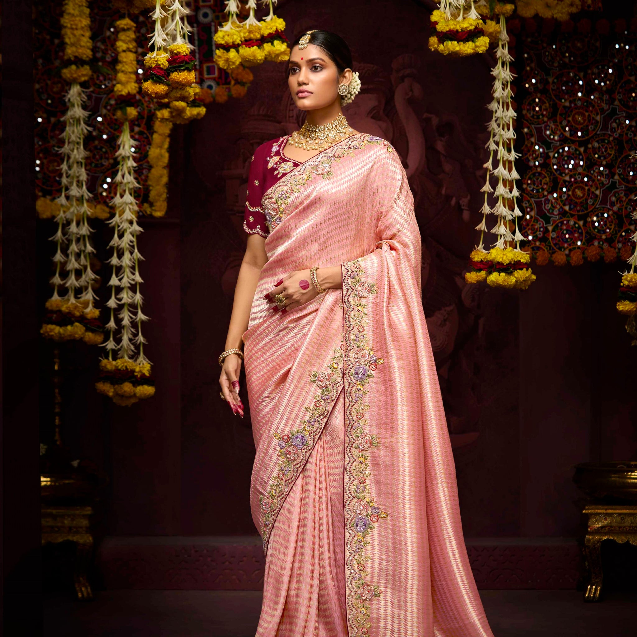 Rose Gold Banarasi Kanjivaram Saree with Embroidered Border