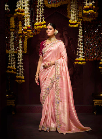 Rose Gold Banarasi Kanjivaram Saree with Embroidered Border