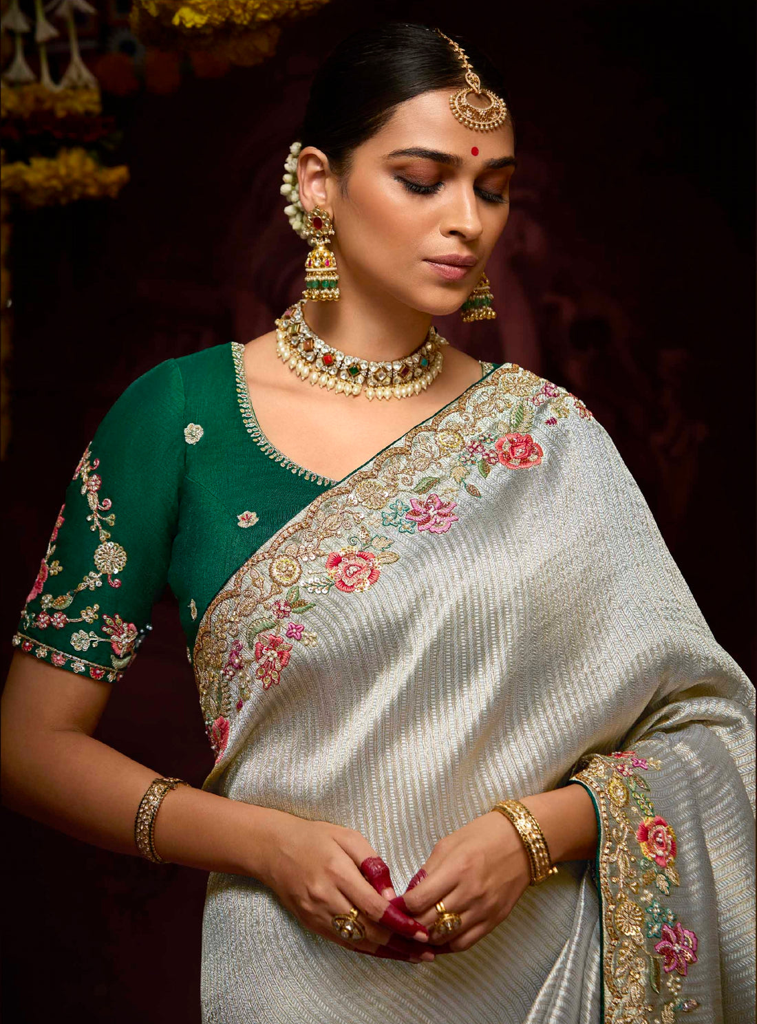 Steel Grey Banarasi Kanjivaram Saree with Zari & Sequin Work