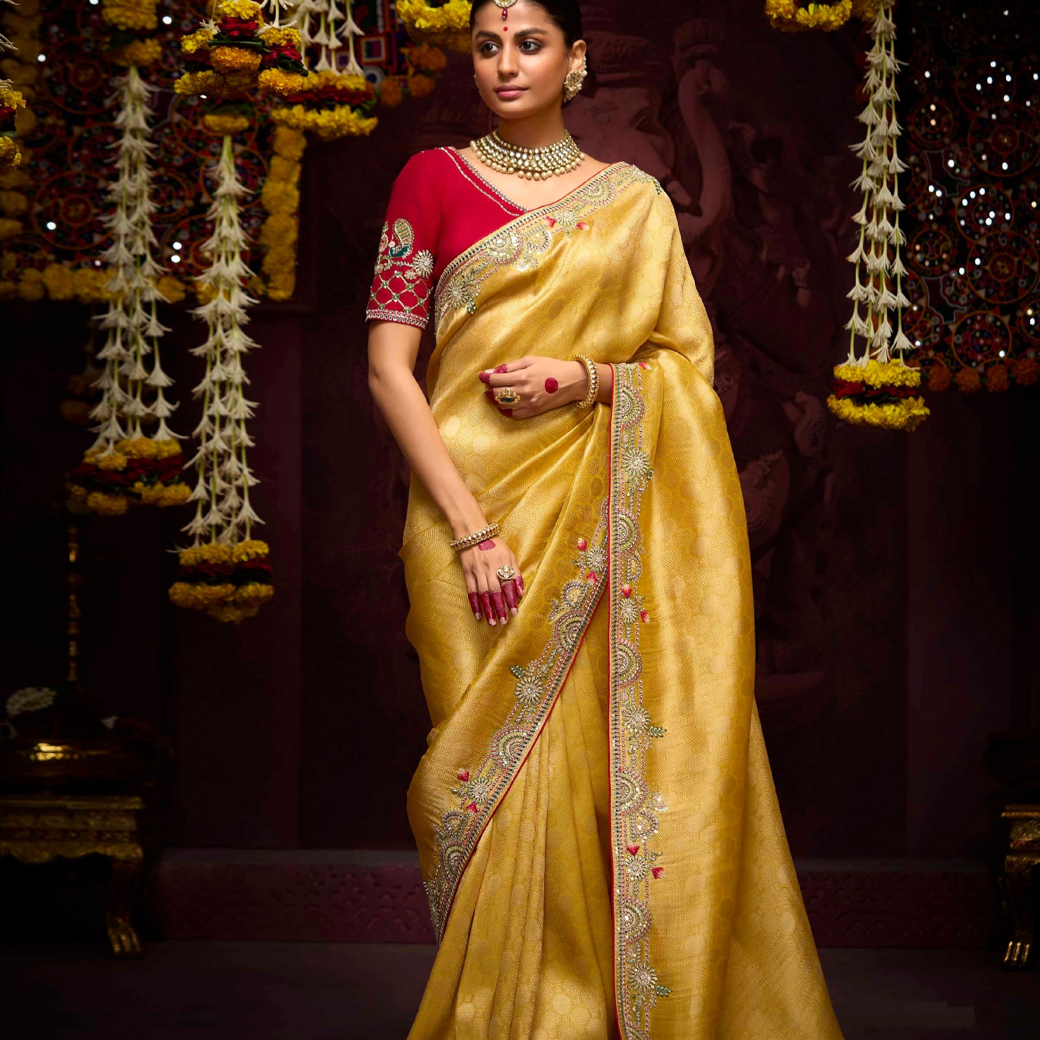 Golden Yellow Banarasi Kanjivaram Saree with Embroidery & Zari Border