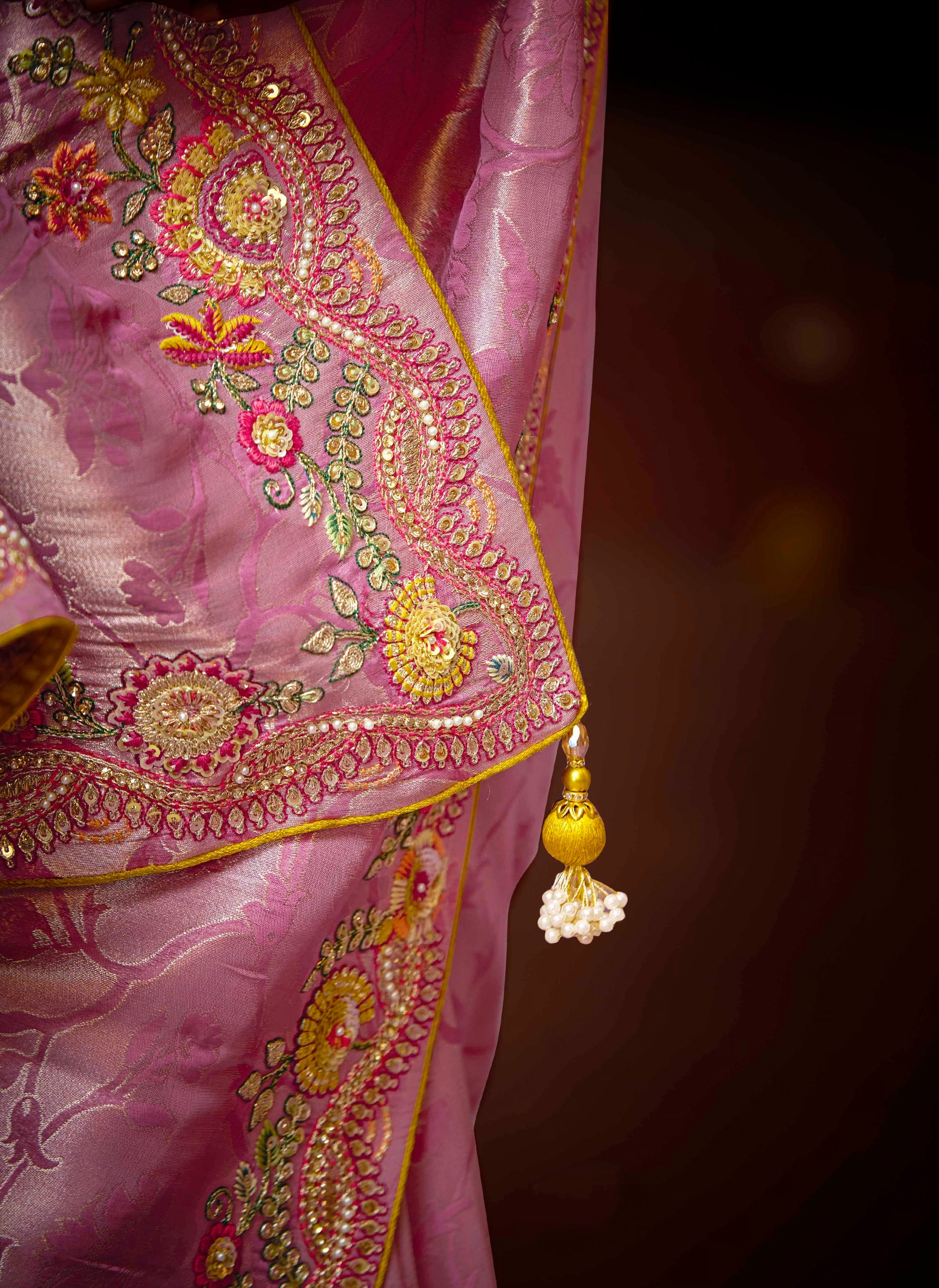 Baby Pink Banarasi Kanjivaram Saree with Sequin & Zari Work