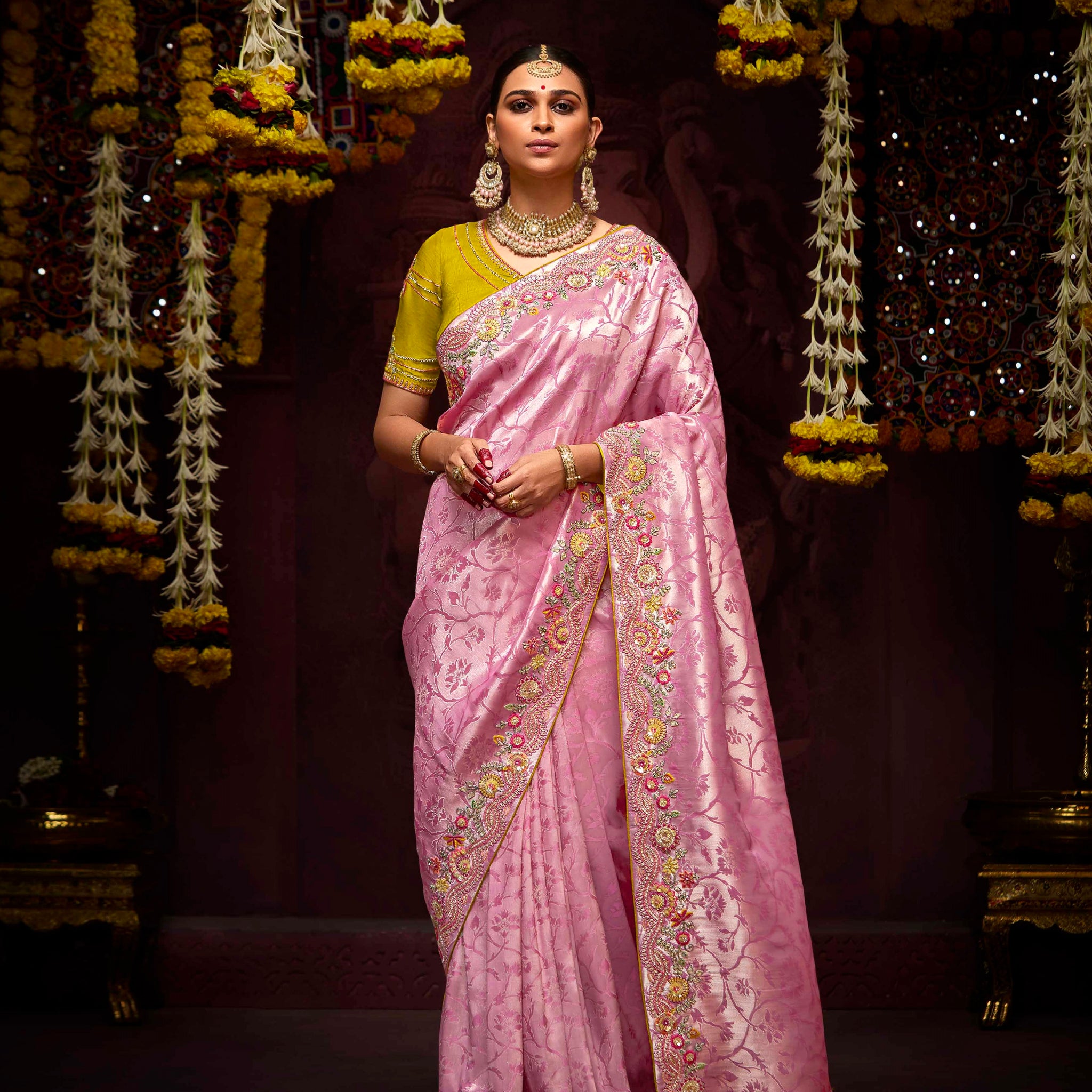 Baby Pink Banarasi Kanjivaram Saree with Sequin & Zari Work