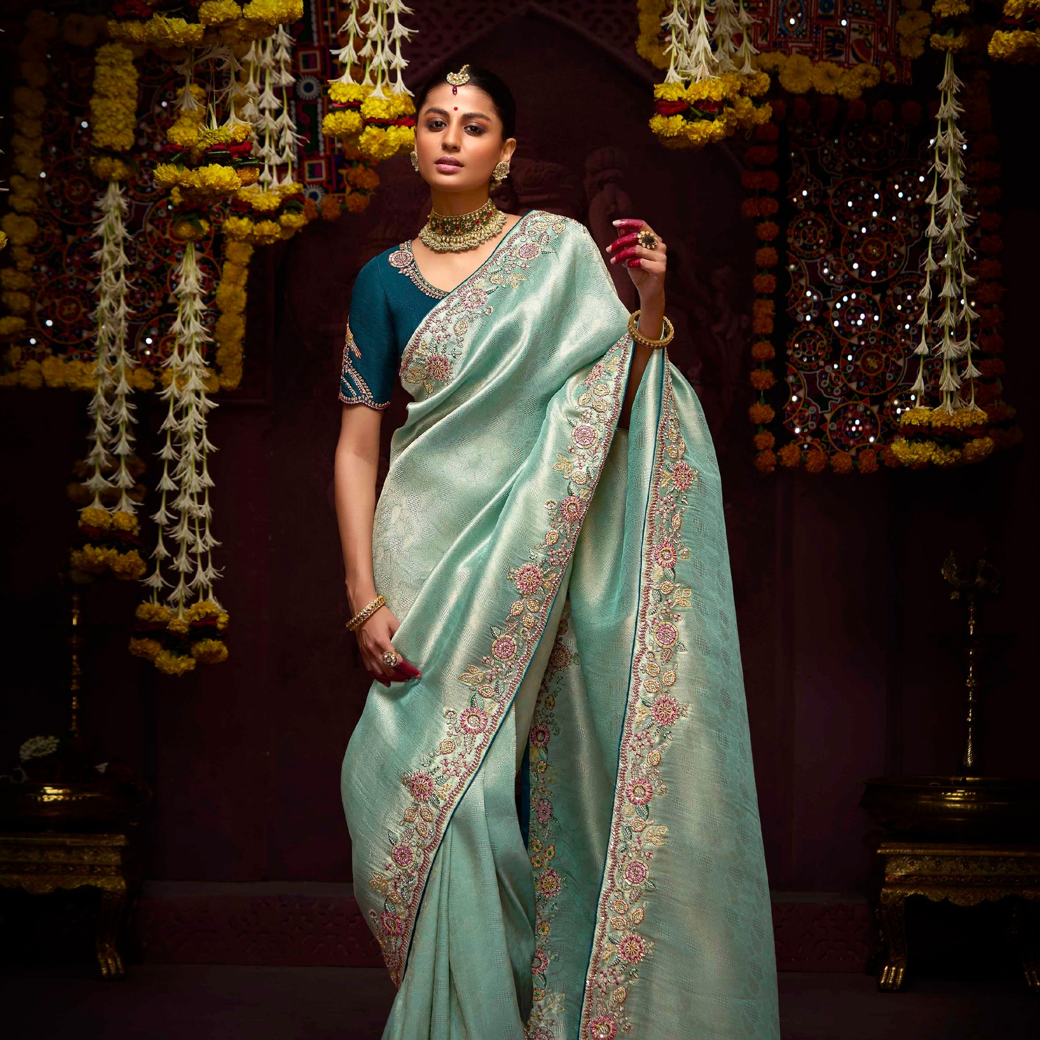 Pastel Mint Green Banarasi Kanjivaram Saree with Zari Weaving