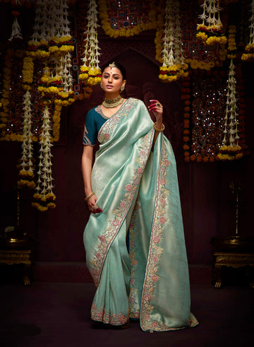 Pastel Mint Green Banarasi Kanjivaram Saree with Zari Weaving