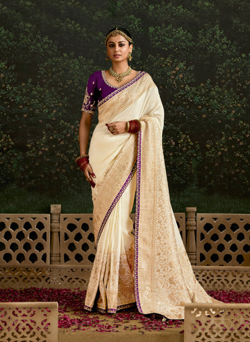 Ivory Dola Silk Saree with Embroidered Sequence Border