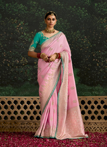 Pastel Pink Dola Silk Saree with Embroidered Sequence Border