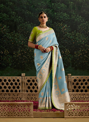 Sky Blue Dola Silk Saree with Embroidered Sequence Border