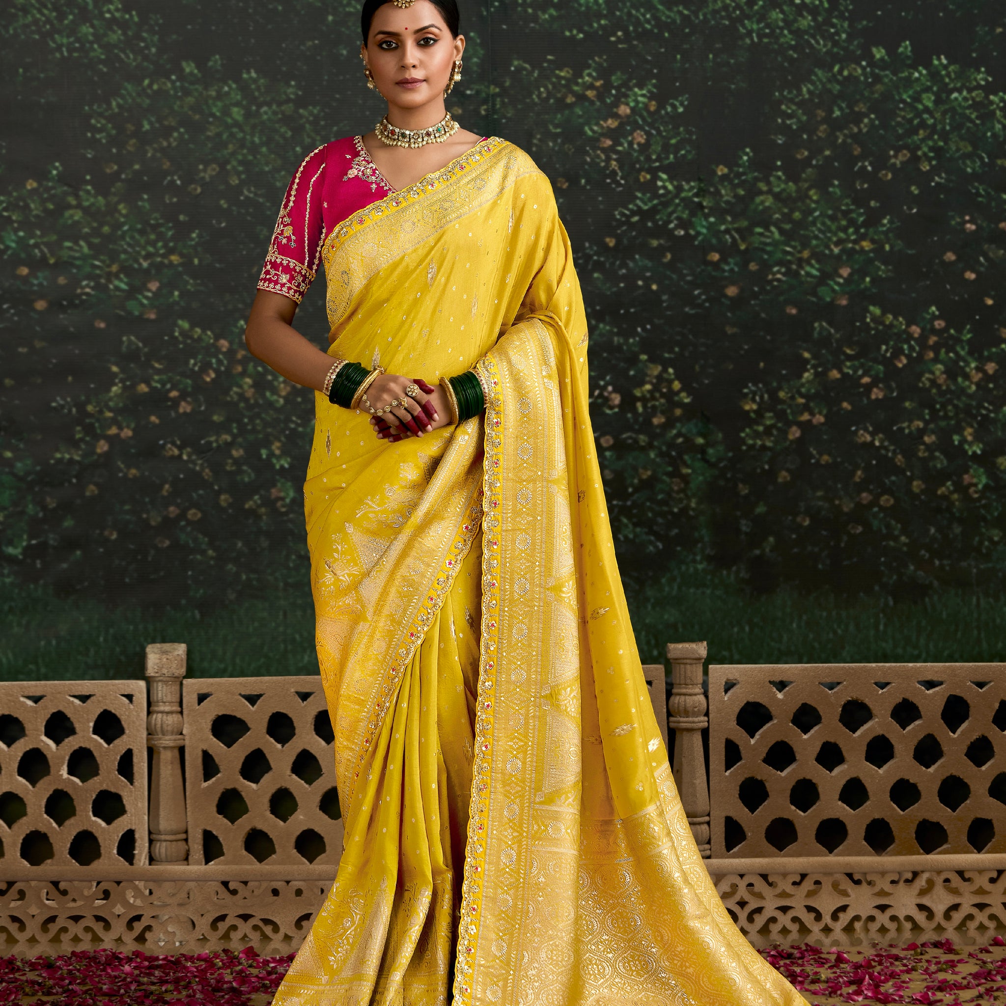 Golden Yellow Dola Silk Saree with Embroidered Sequence Border