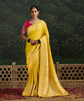 Golden Yellow Dola Silk Saree with Embroidered Sequence Border