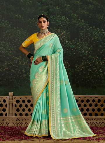 Sea Green Dola Silk Saree with Embroidery and Sequins