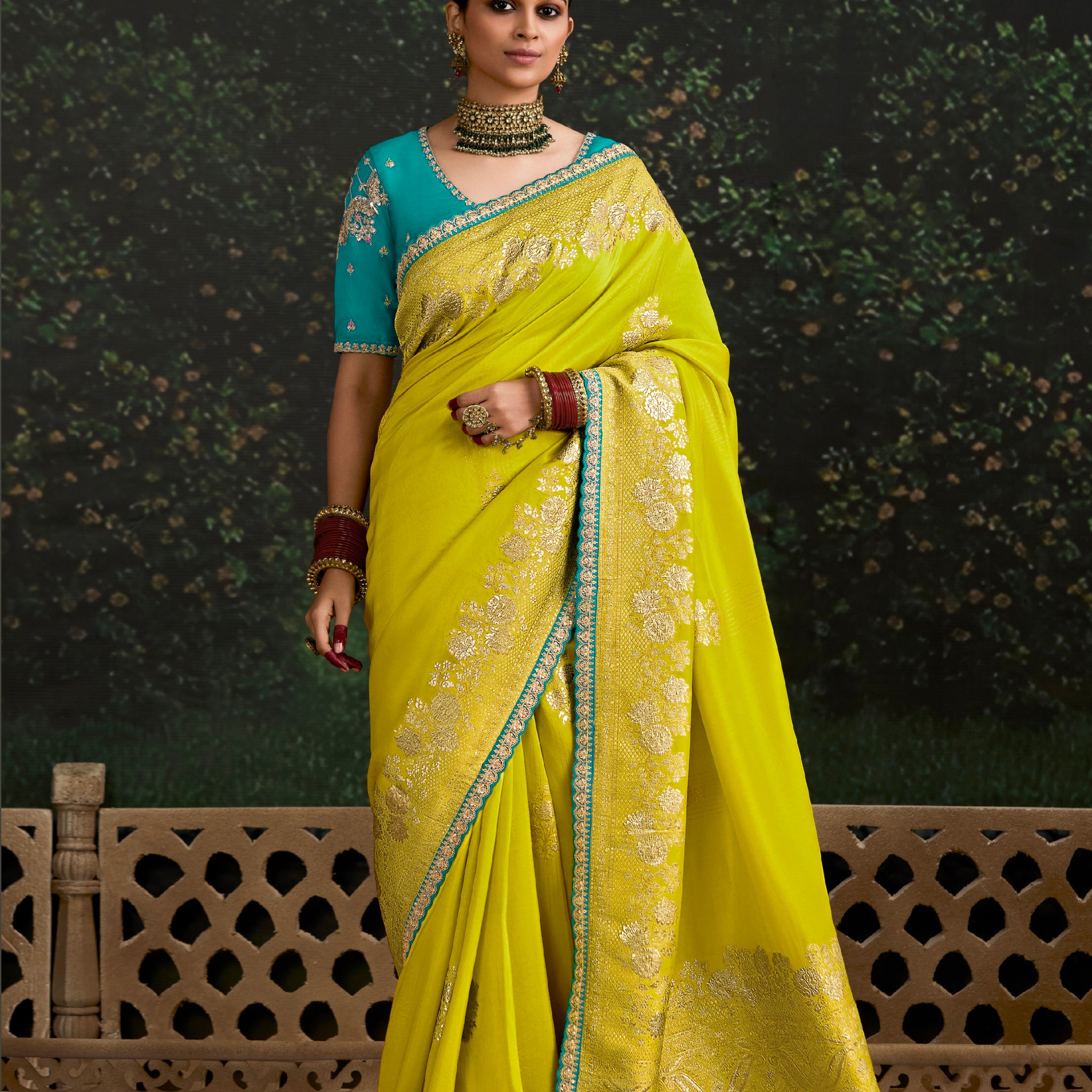 Bright Yellow Dola Silk Saree with Sequined Embroidery