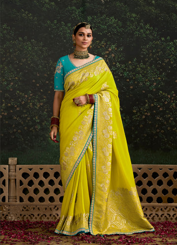 Bright Yellow Dola Silk Saree with Sequined Embroidery