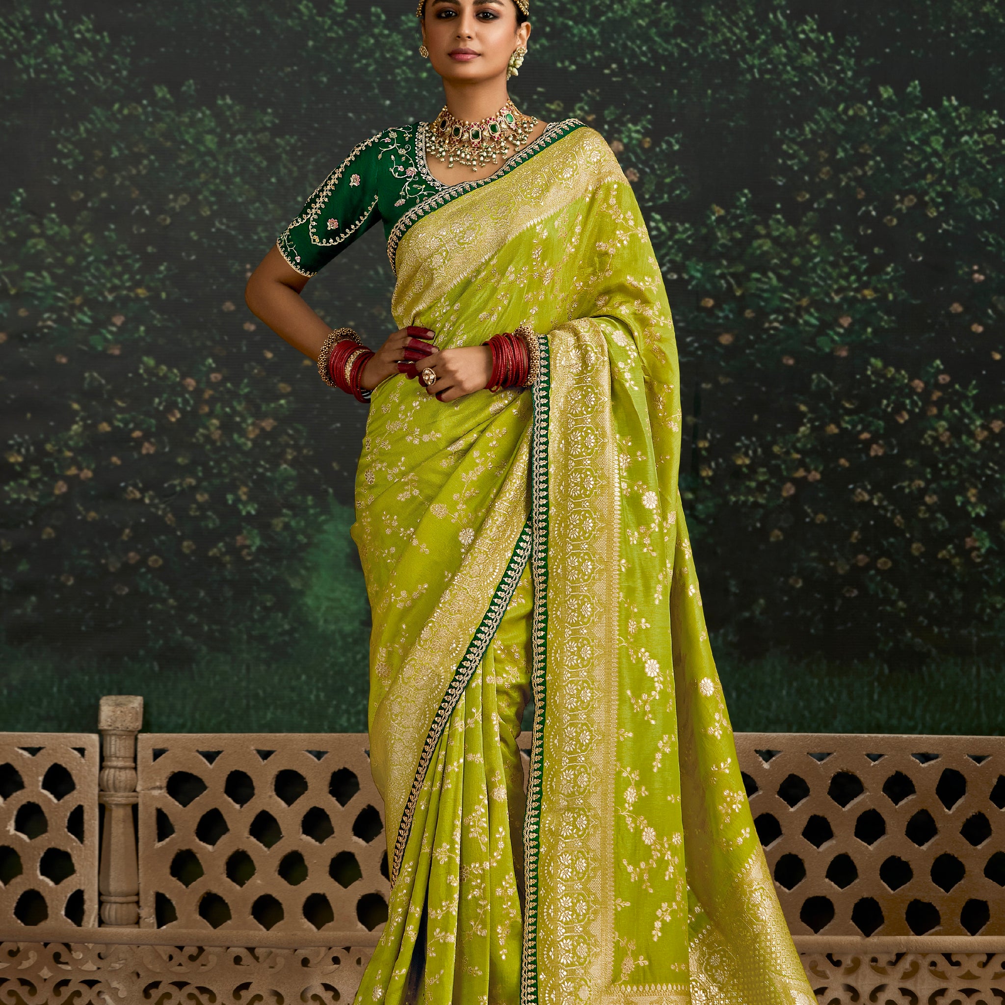 Lime Green Dola Silk Saree with Sequence Embroidery