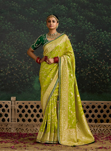 Lime Green Dola Silk Saree with Sequence Embroidery