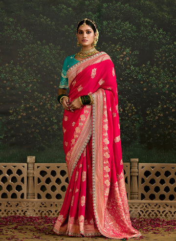 Hot Pink Dola Silk Saree with Sequined Embroidery Border