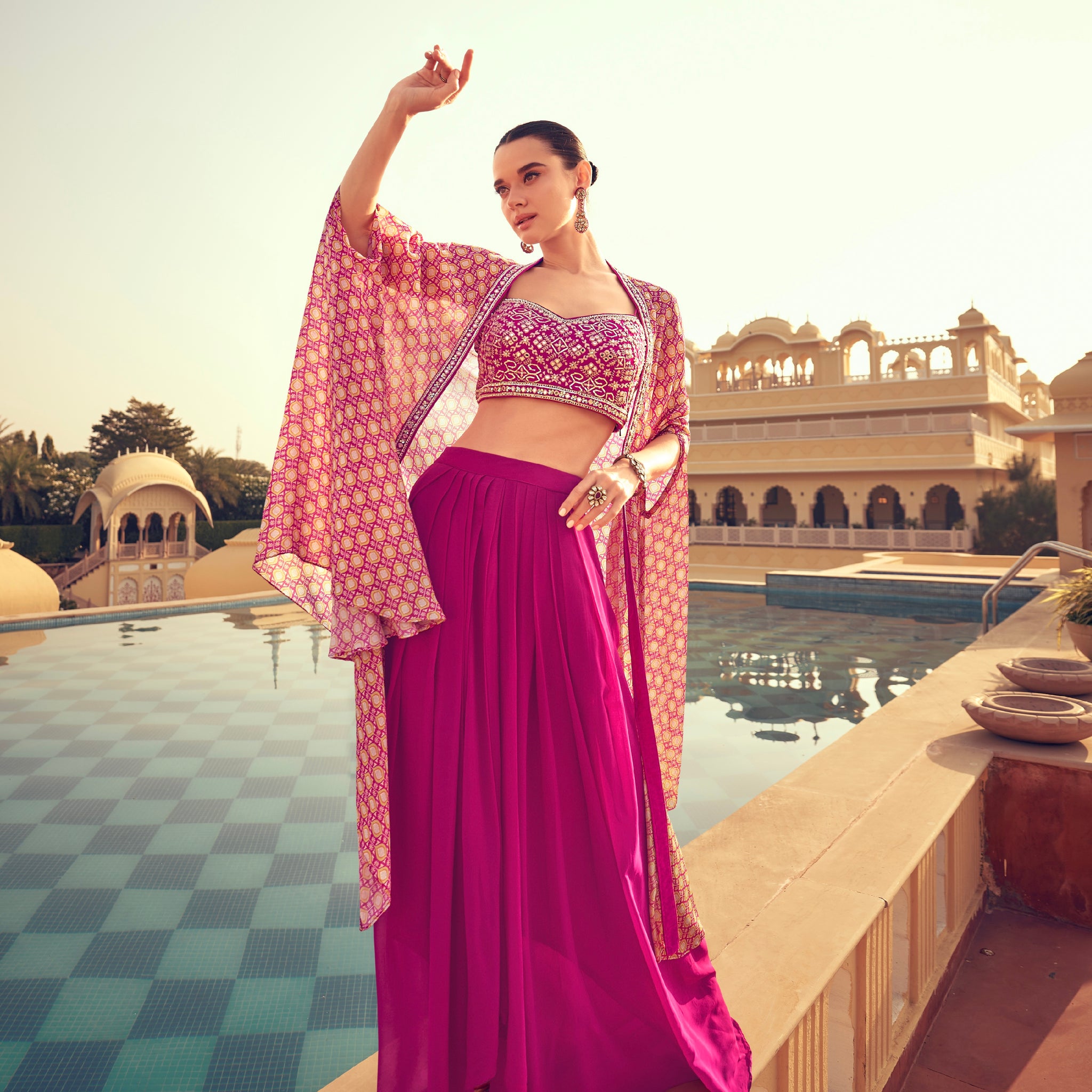 Pink Cape-Style Gown in Premium Real Chinon Silk with Embroidery