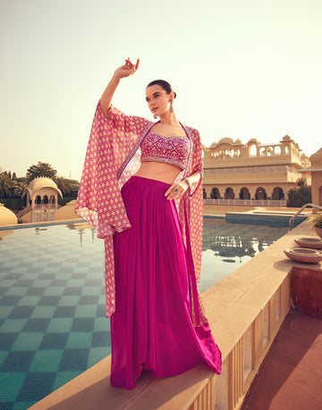 Pink Cape-Style Gown in Premium Real Chinon Silk with Embroidery